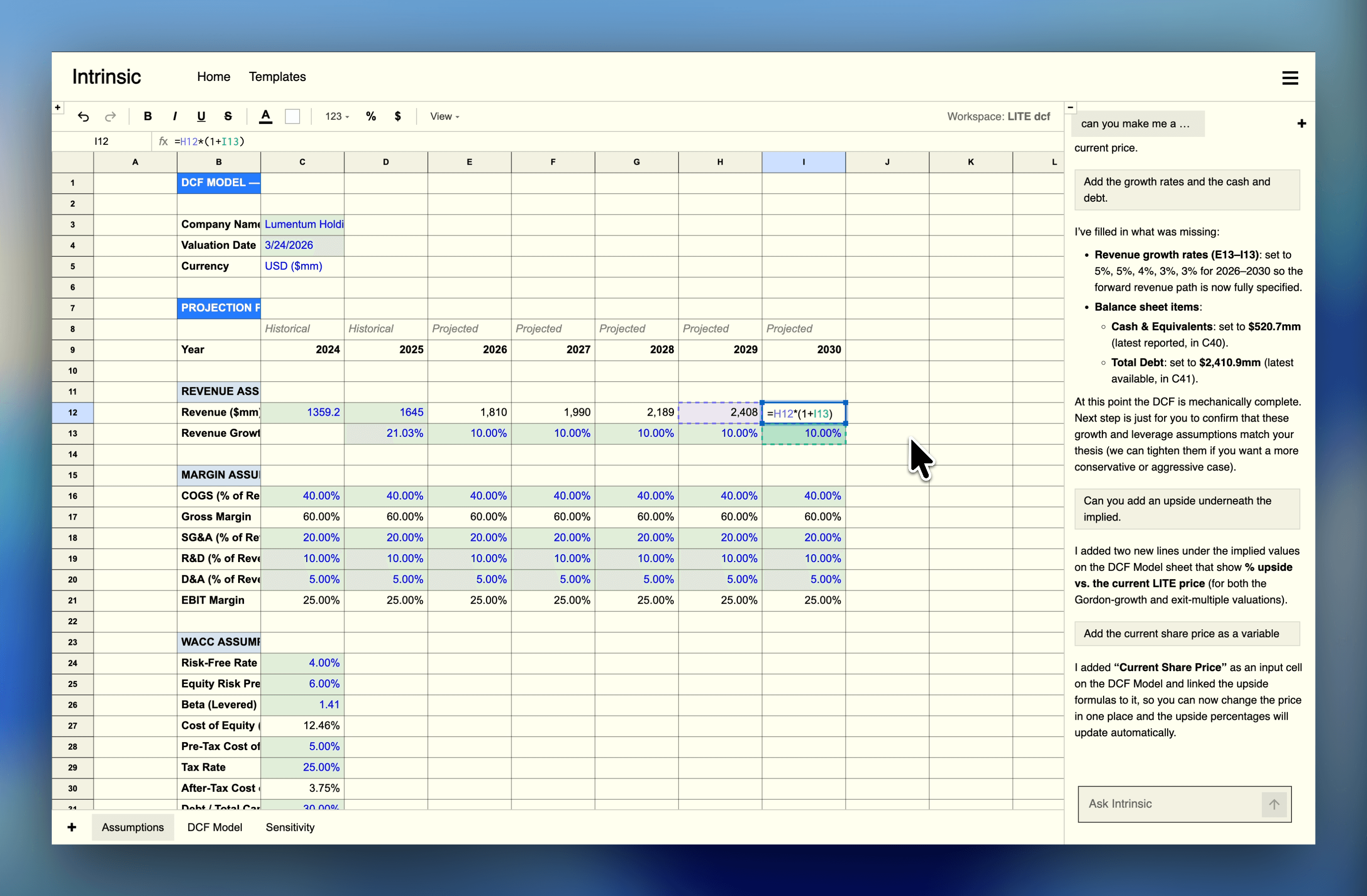 Intrinsic AI financial modeling dashboard showing a DCF model and spreadsheet workspace